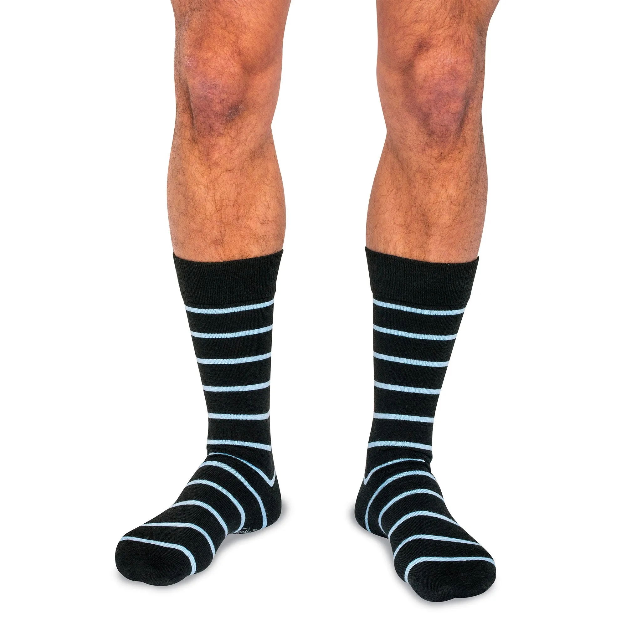 Sky Blue and Black Striped Merino Wool Mid Calf Dress Socks sold by Boardroom Socks