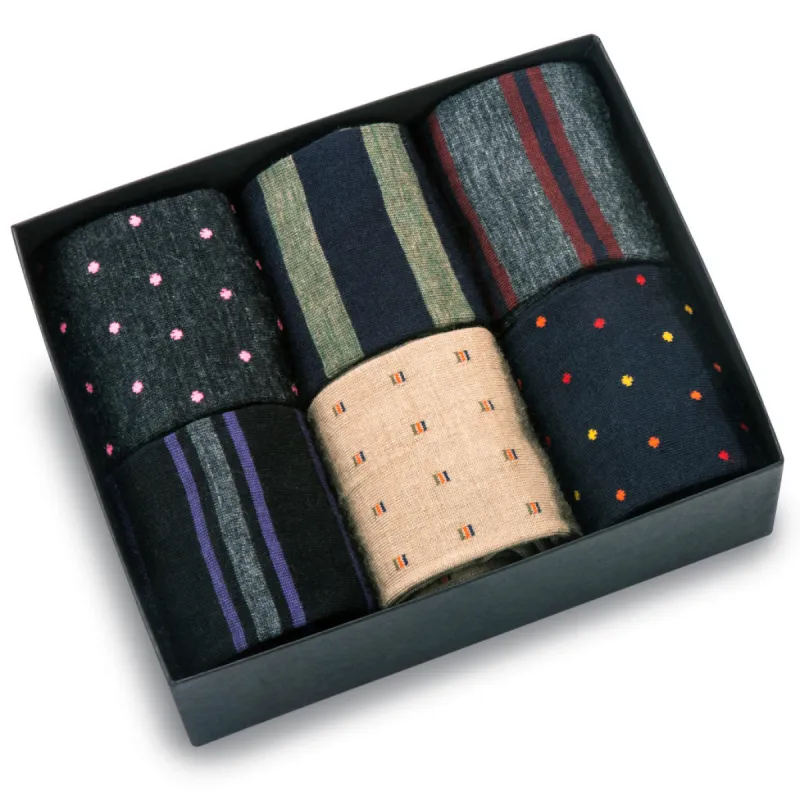 Merino Wool Mid-Calf Patterned Dress Socks - 6 Pair Gift Box sold by Boardroom Socks