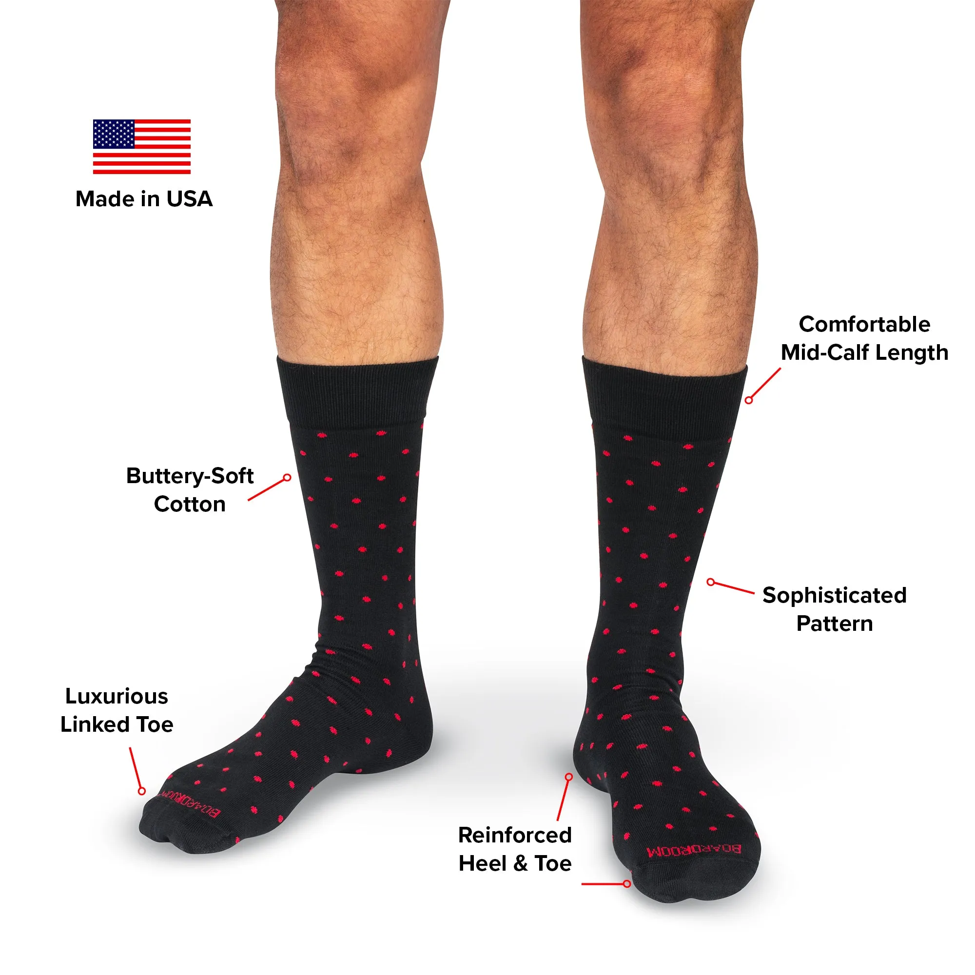 Red Dots on Black Cotton Mid Calf Dress Socks sold by Boardroom Socks product image thumbnail 3