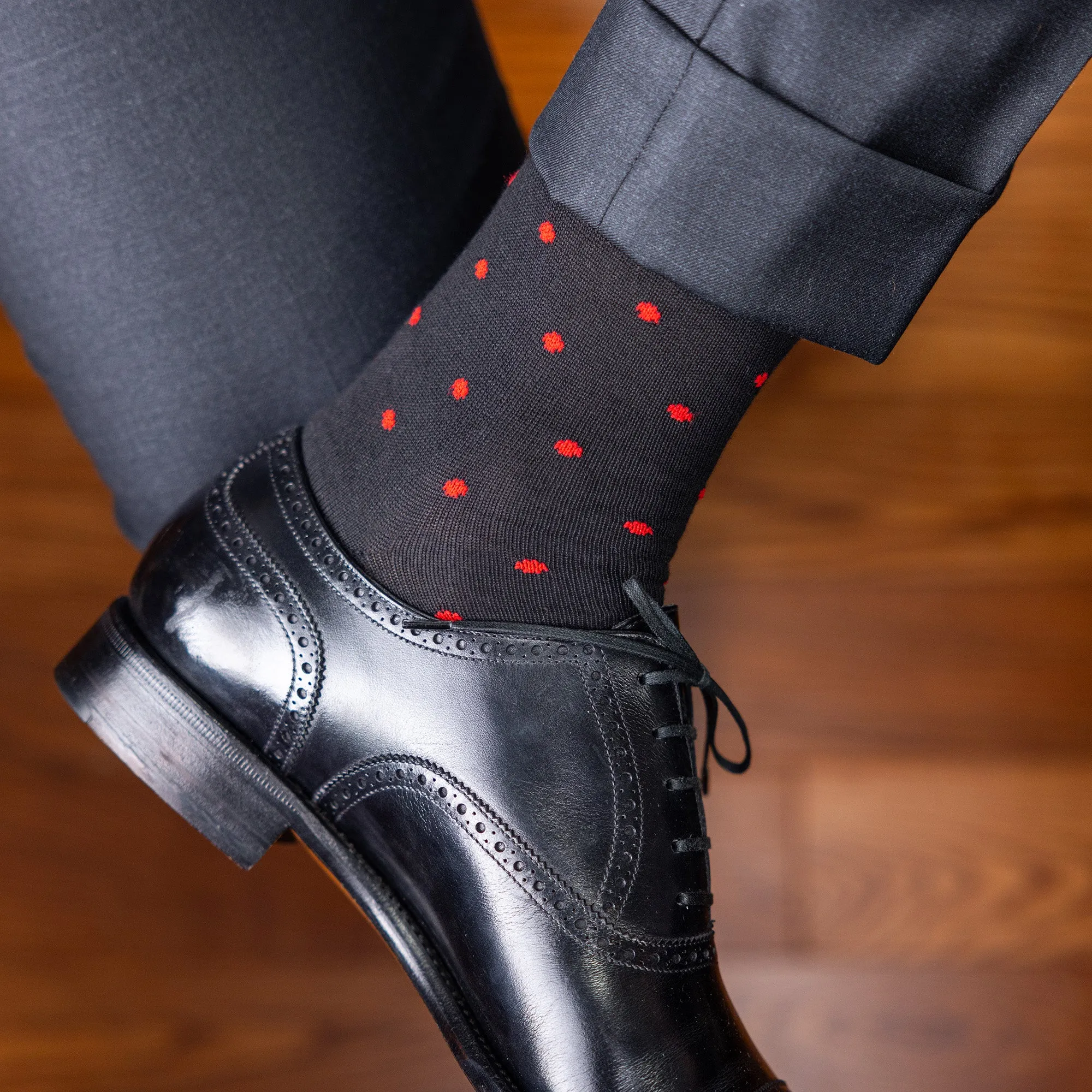 Red Dots on Black Cotton Mid Calf Dress Socks sold by Boardroom Socks product image thumbnail 2