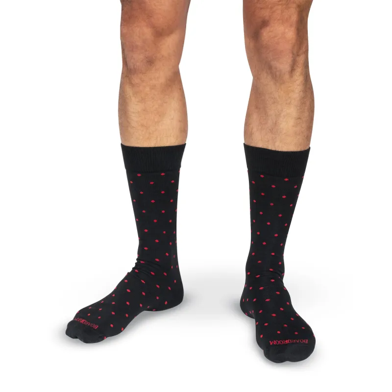 Red Dots on Black Cotton Mid Calf Dress Socks sold by Boardroom Socks