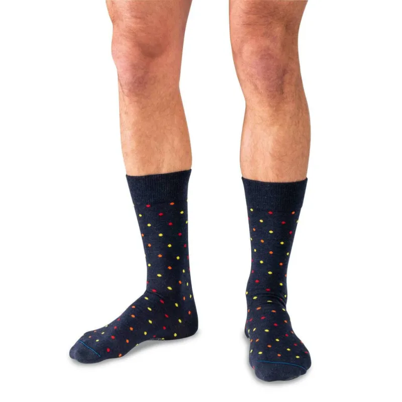 Tri-Color Dots on Navy Merino Wool Mid-Calf Dress Socks sold by Boardroom Socks