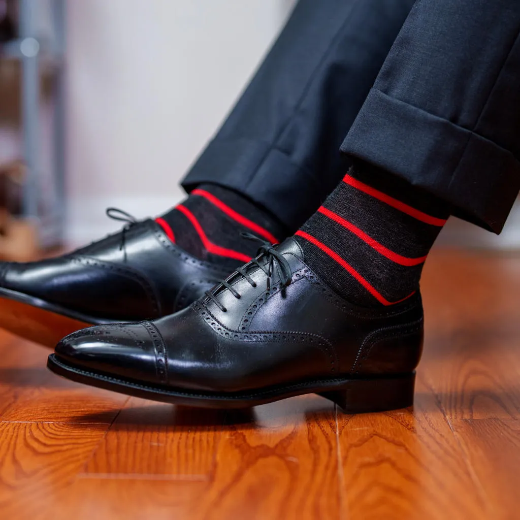 Red and Charcoal Striped Merino Wool Mid Calf Dress Socks sold by Boardroom Socks product image thumbnail 2