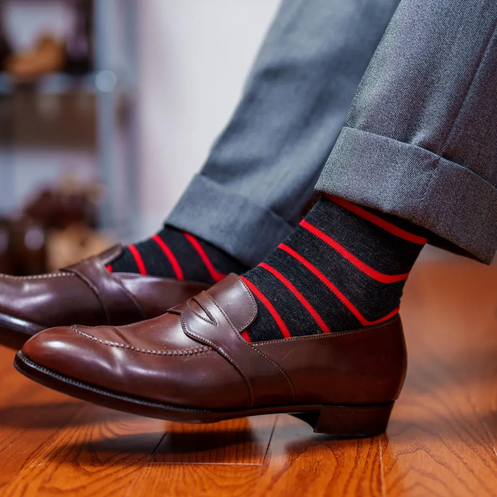 Red and Charcoal Striped Merino Wool Mid Calf Dress Socks sold by Boardroom Socks product image thumbnail 5