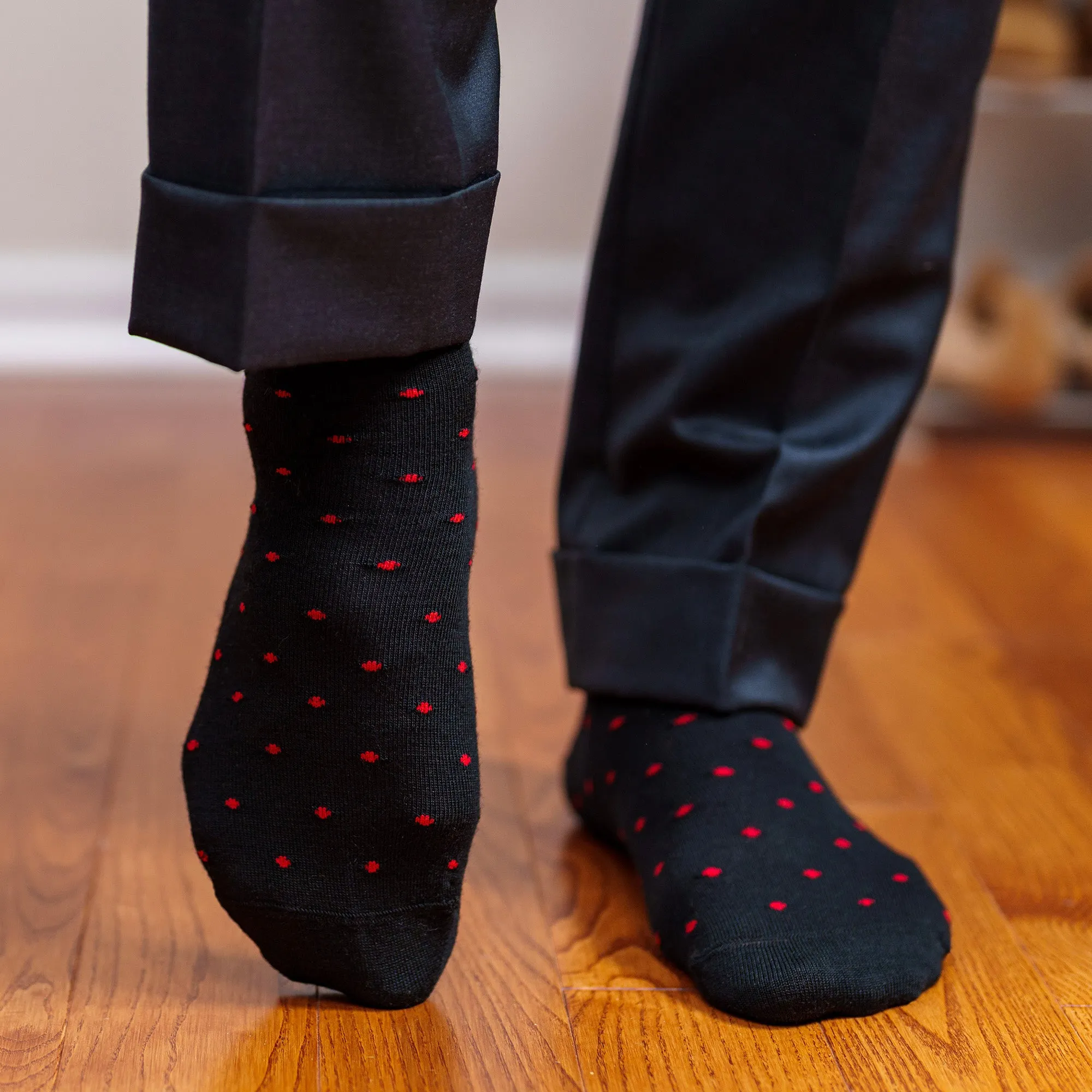 Red Dots on Black Merino Wool Mid Calf Dress Socks sold by Boardroom Socks product image thumbnail 2