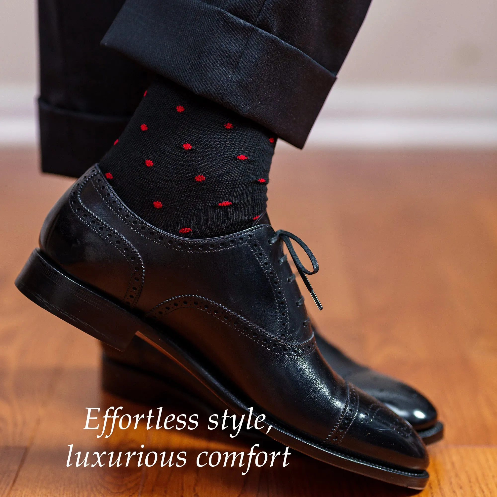 Red Dots on Black Merino Wool Mid Calf Dress Socks sold by Boardroom Socks product image thumbnail 4