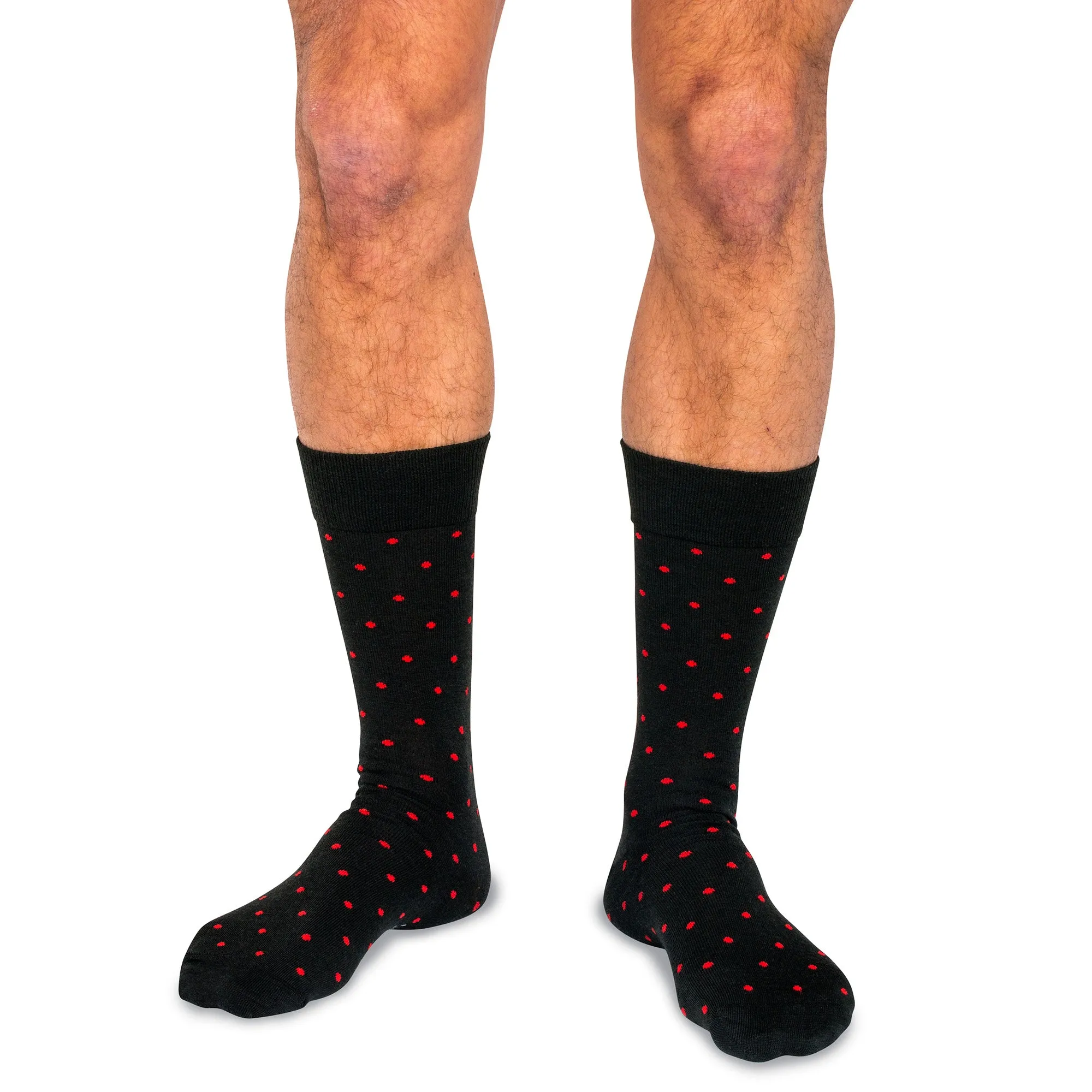 Red Dots on Black Merino Wool Mid Calf Dress Socks sold by Boardroom Socks