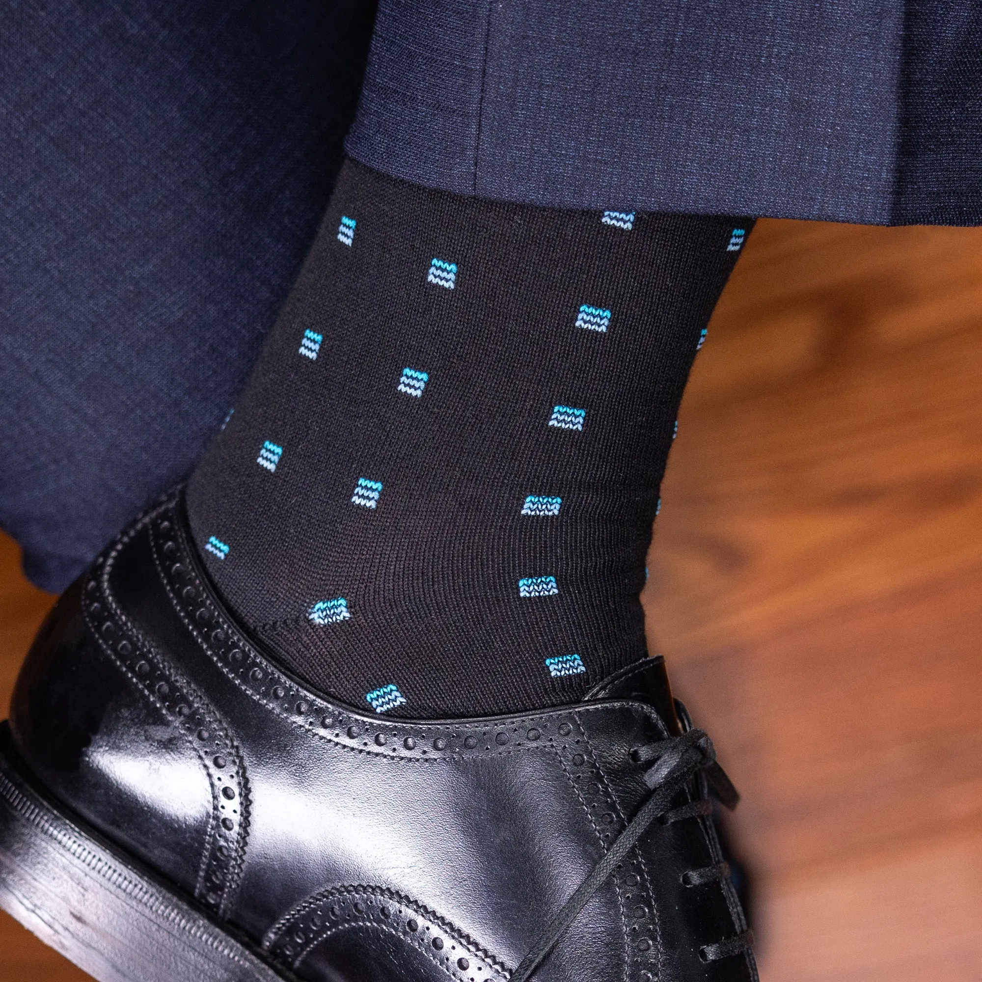 Blue Square Knots on Black Cotton Over the Calf Dress Socks sold by Boardroom Socks product image thumbnail 2