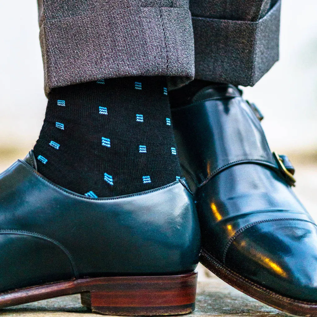 Blue Square Knots on Black Merino Wool Over the Calf Dress Socks sold by Boardroom Socks product image thumbnail 2