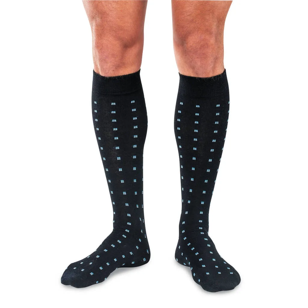 Blue Square Knots on Black Merino Wool Over the Calf Dress Socks sold by Boardroom Socks