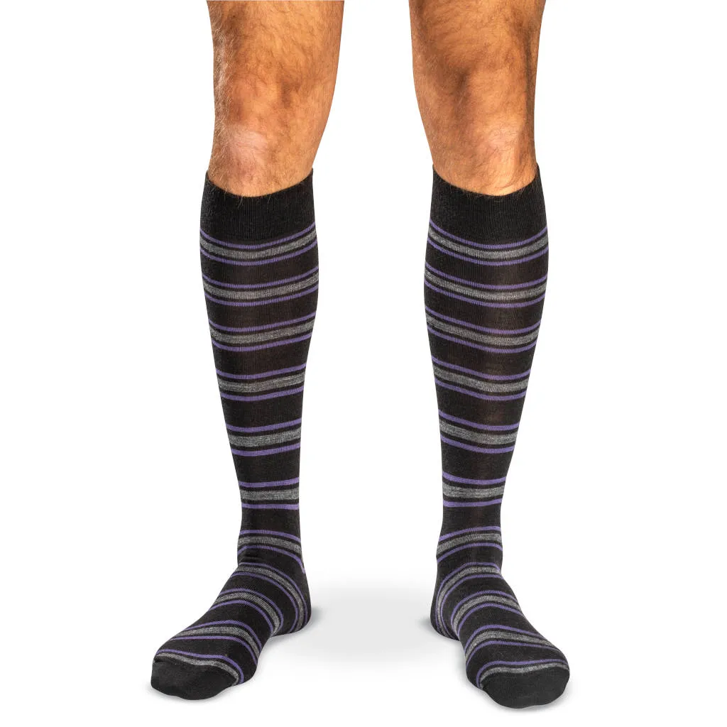 Purple and Grey Stripes on Black Merino Wool Over the Calf Dress Socks sold by Boardroom Socks
