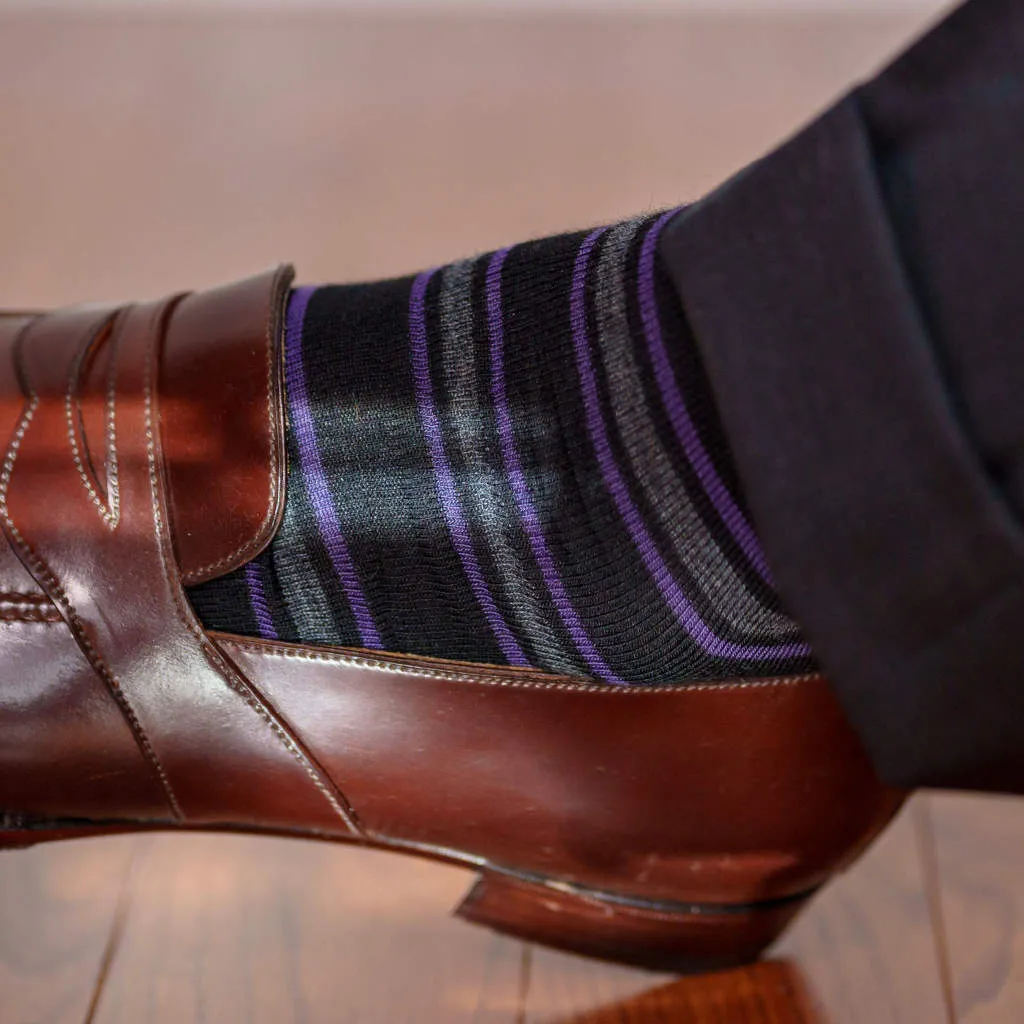 Purple and Grey Stripes on Black Merino Wool Over the Calf Dress Socks sold by Boardroom Socks product image thumbnail 2