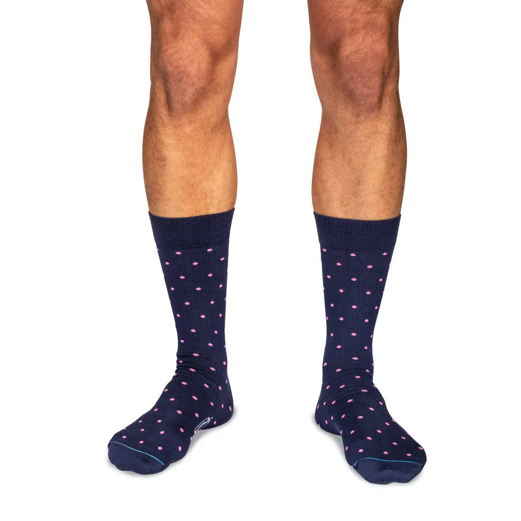 Pink Dots on Navy Cotton Mid-Calf Dress Socks sold by Boardroom Socks
