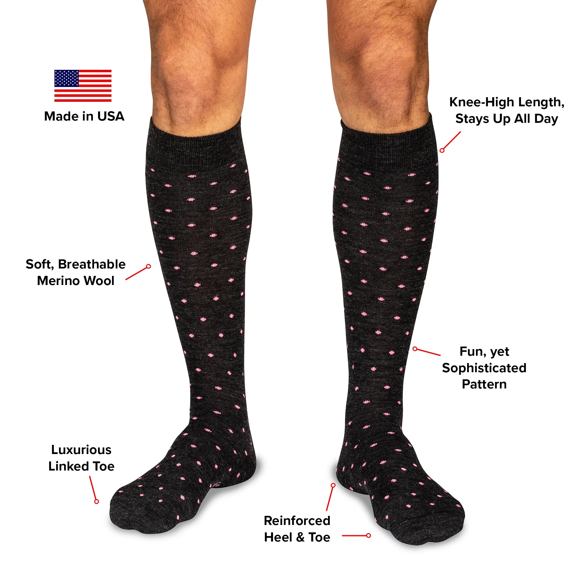 Pink Dots on Charcoal Merino Wool Over the Calf Dress Socks sold by Boardroom Socks product image thumbnail 4