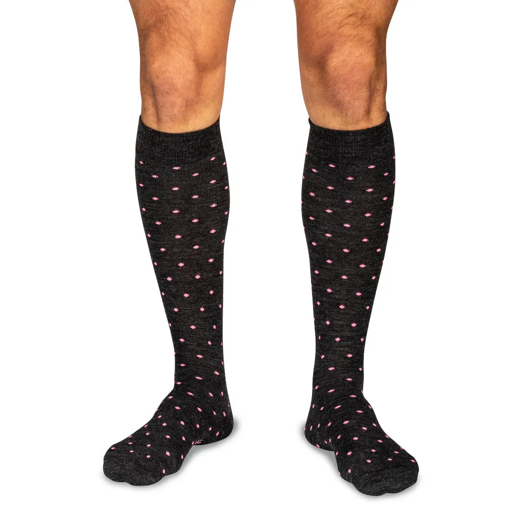 Pink Dots on Charcoal Merino Wool Over the Calf Dress Socks sold by Boardroom Socks
