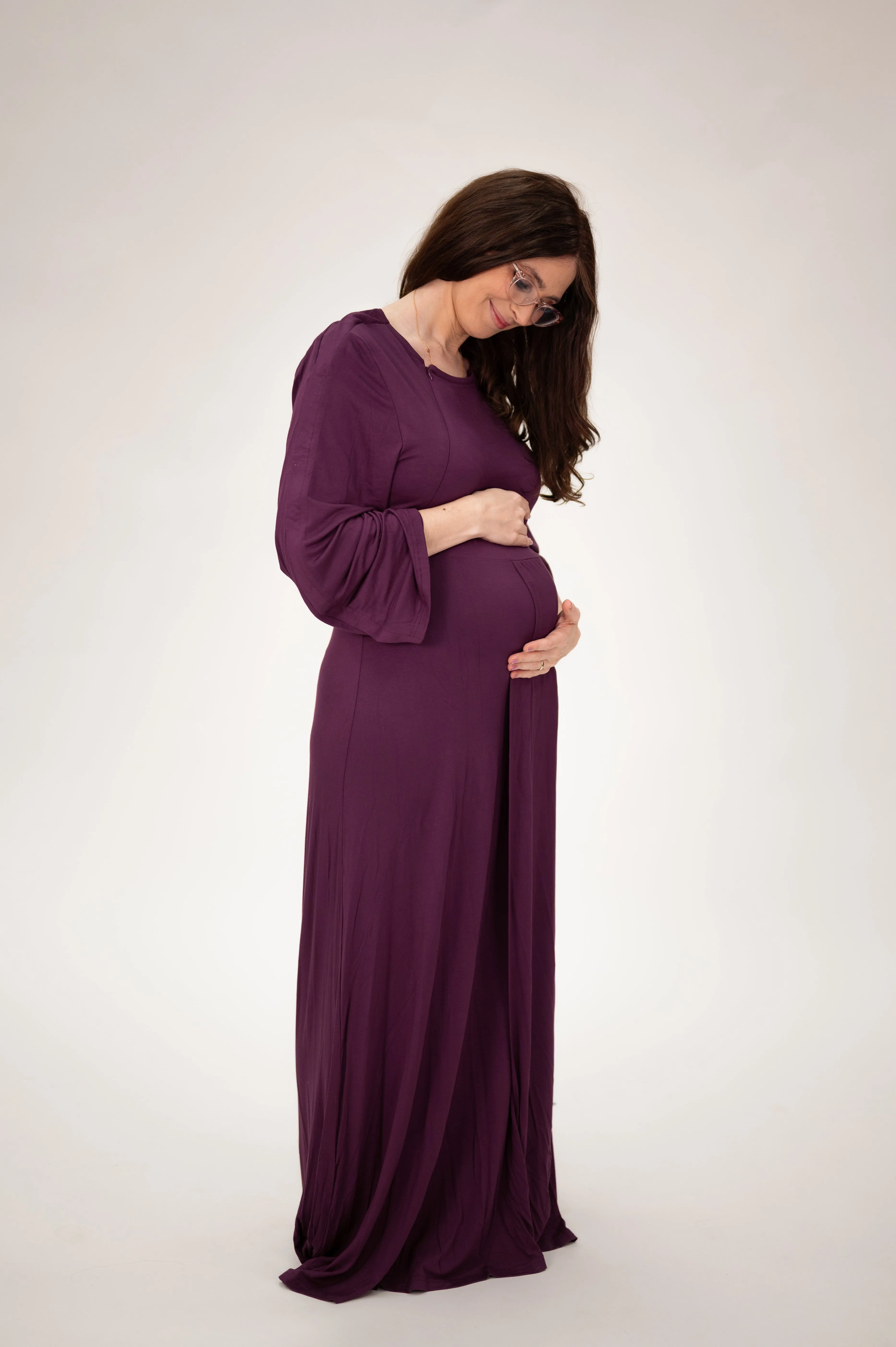 Nadia Labor & Postpartum Gown in Plum sold by Lila Maternity