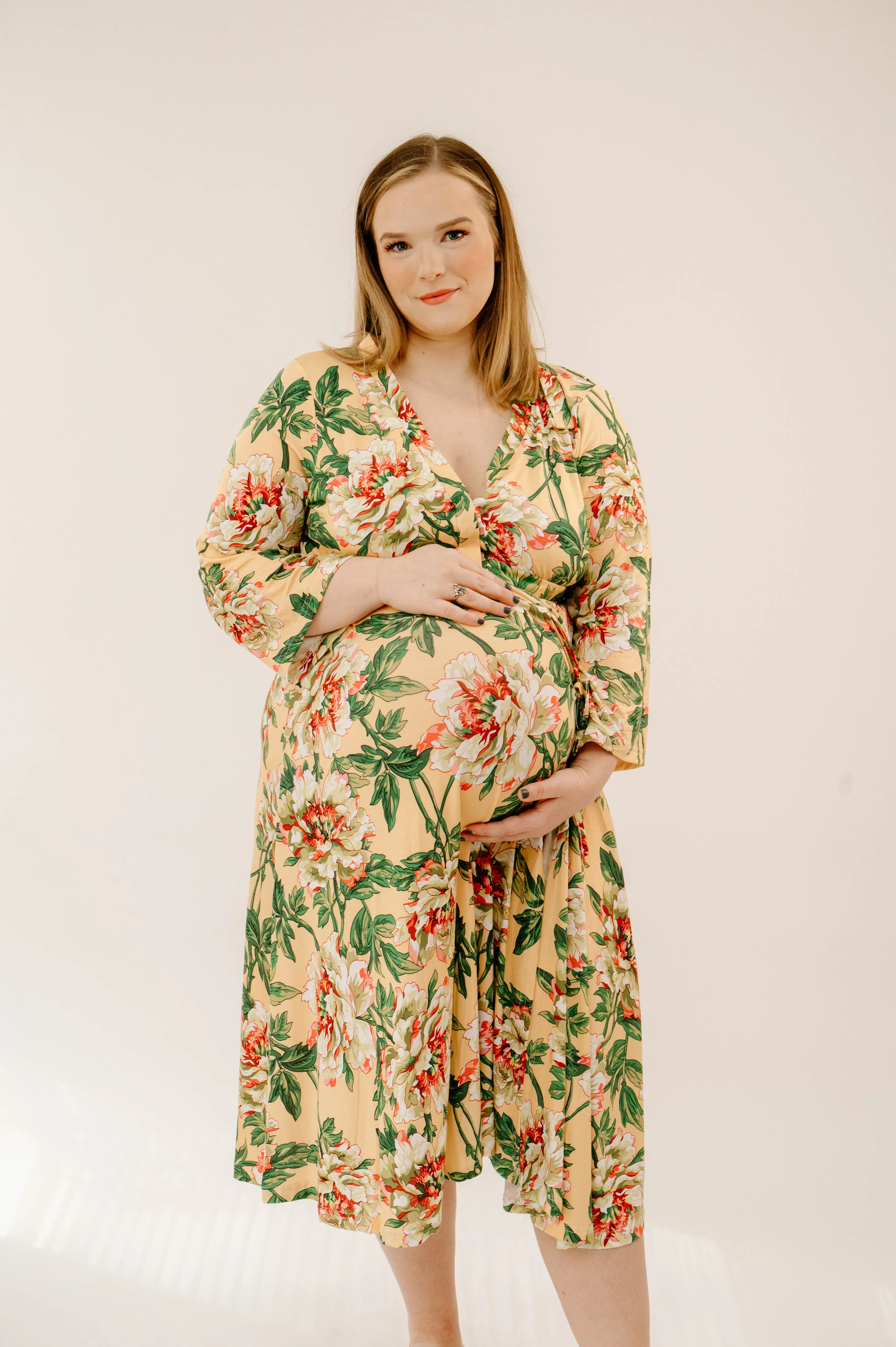 Lila Labor & Postpartum Gown in Peach Floral sold by Lila Maternity