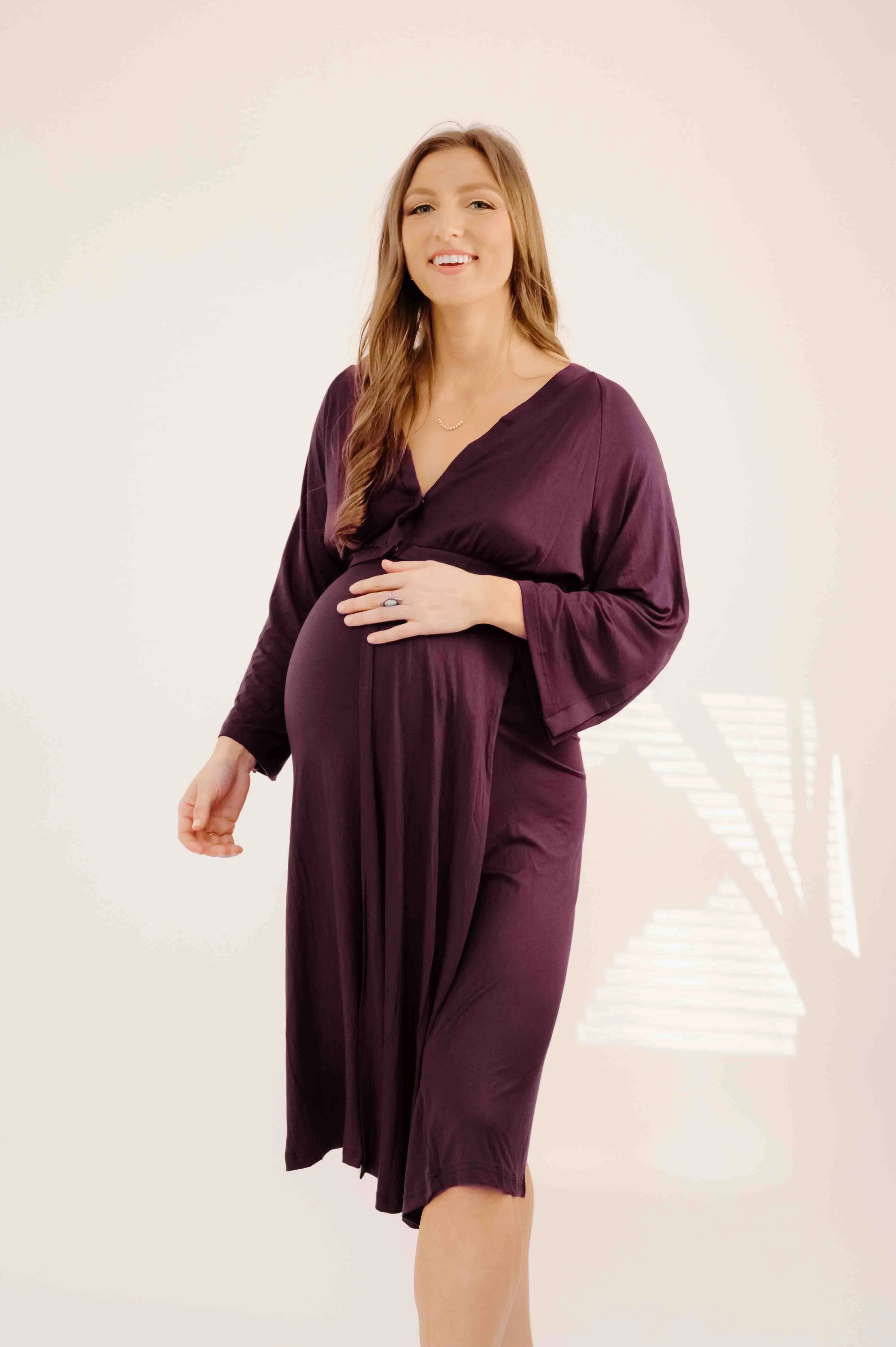 Amelia Labor & Postpartum Gown in Plum sold by Lila Maternity