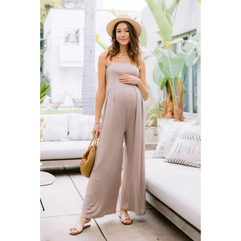 Solid Rayon Jersey Ruched Maternity Jumpsuit Mocha sold by Lila Maternity