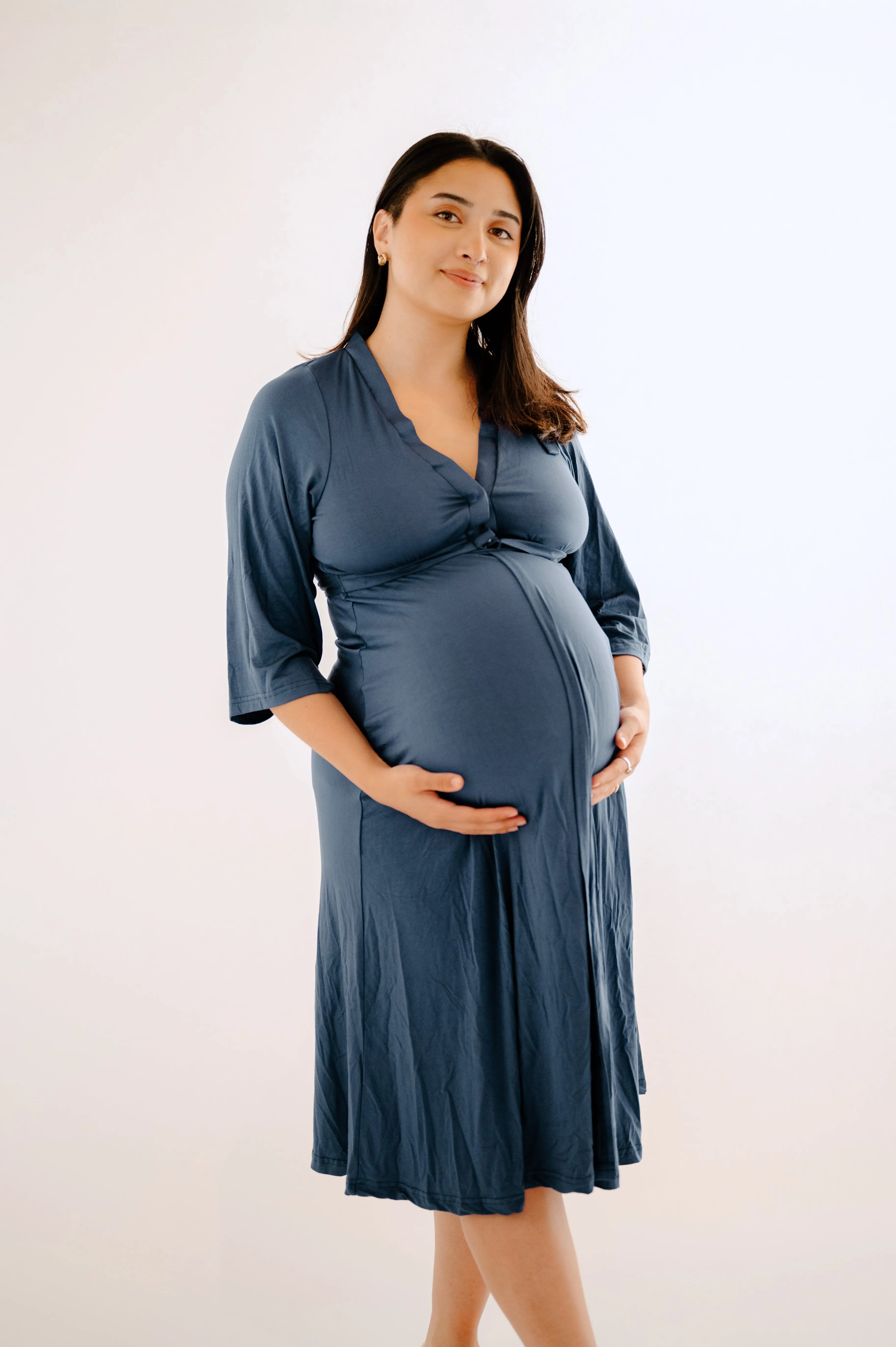 Lila Labor & Postpartum Gown in Midnight Blue sold by Lila Maternity