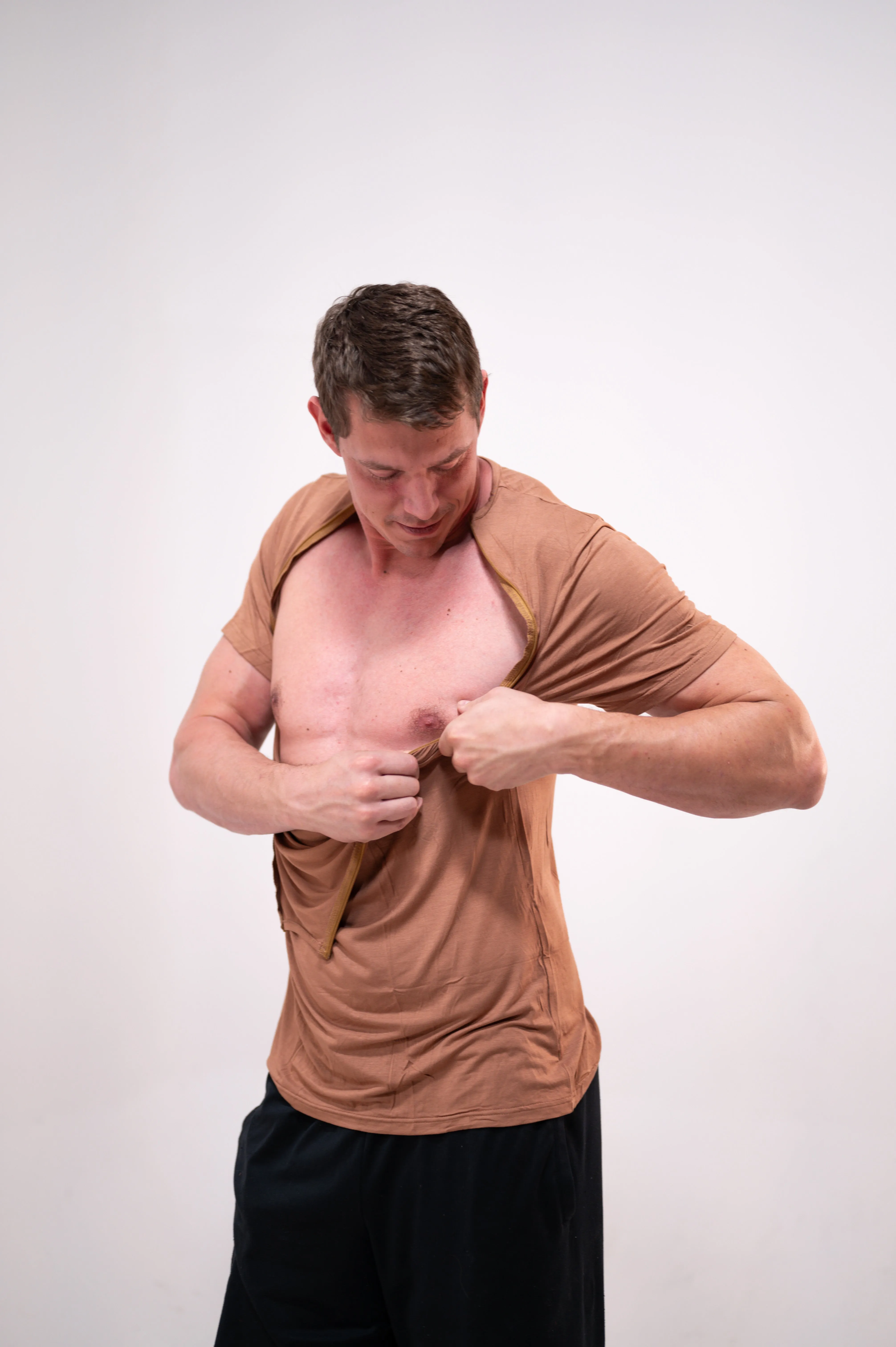 The Cameron Unisex Nursing and Skin to Skin Shirt in Caramel sold by Lila Maternity product image thumbnail 2