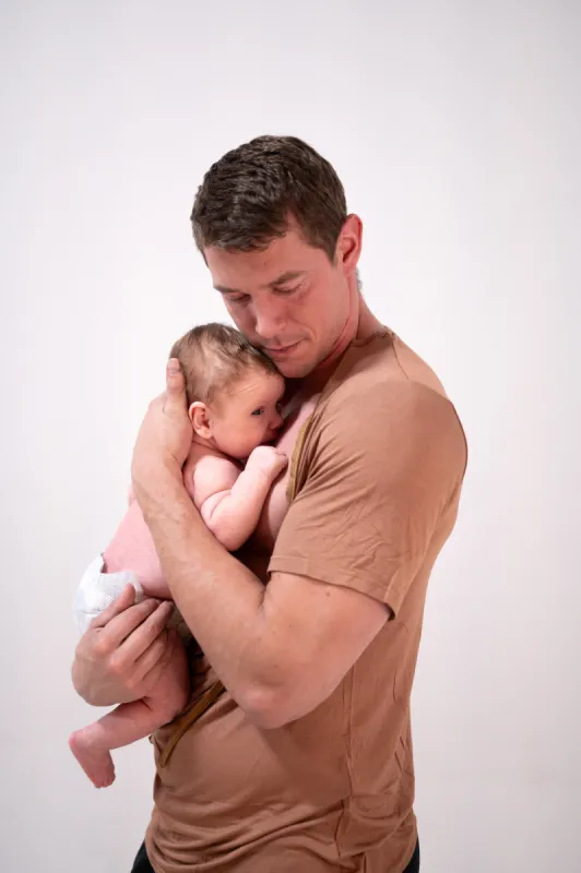 The Cameron Unisex Nursing and Skin to Skin Shirt in Caramel sold by Lila Maternity