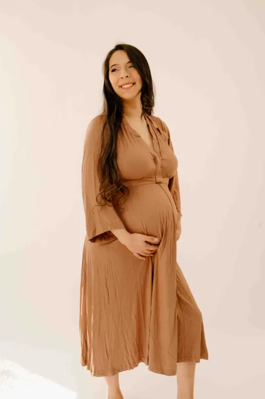 Lila Labor & Postpartum Gown in Caramel sold by Lila Maternity