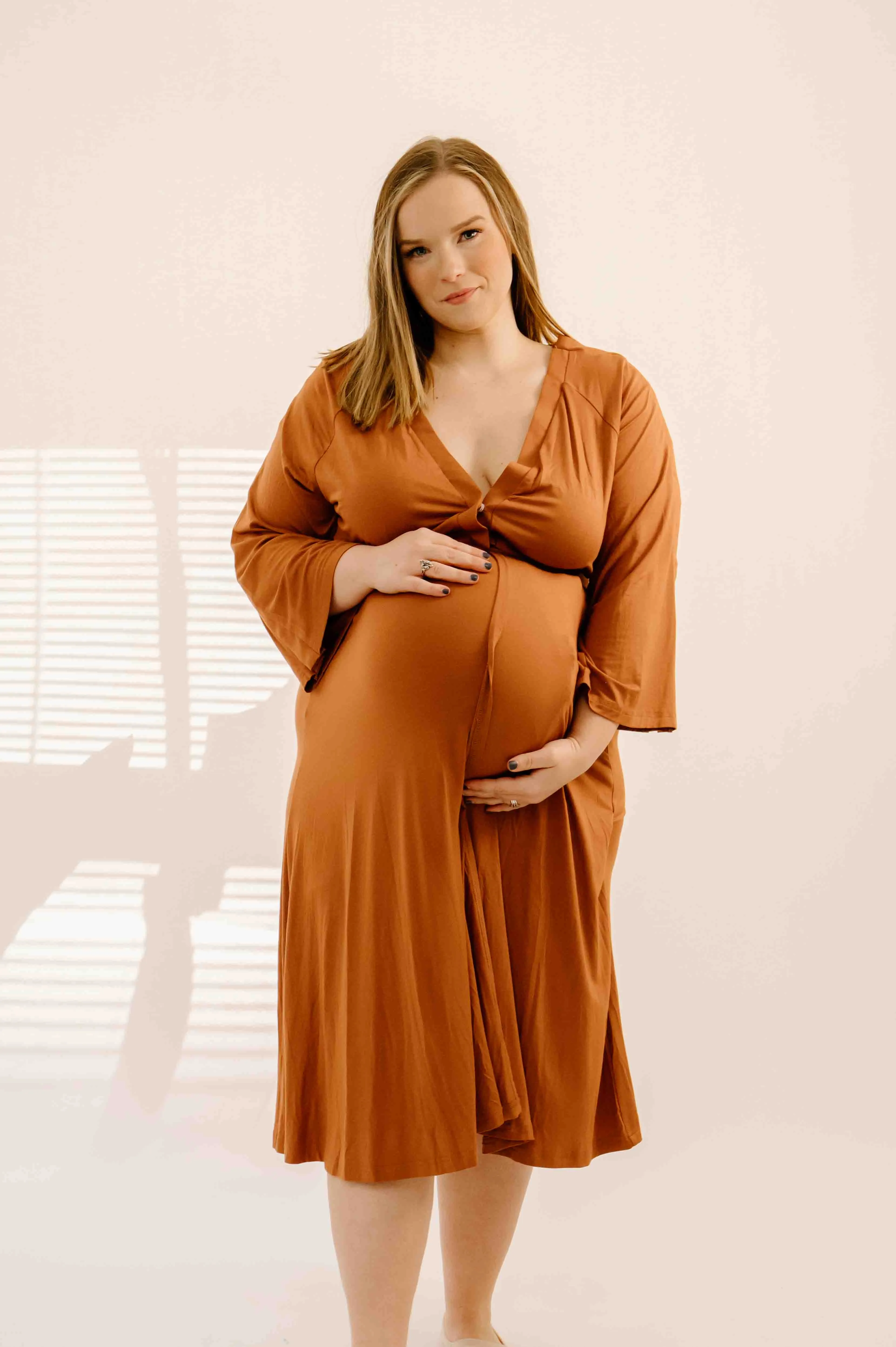 Amelia Labor & Postpartum Gown in Burnt Orange sold by Lila Maternity
