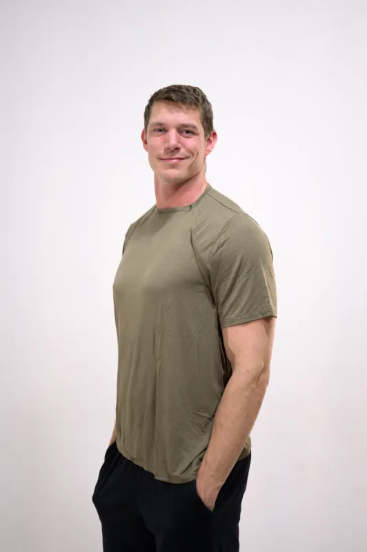 The Cameron Unisex Nursing and Skin to Skin Shirt in Sage sold by Lila Maternity