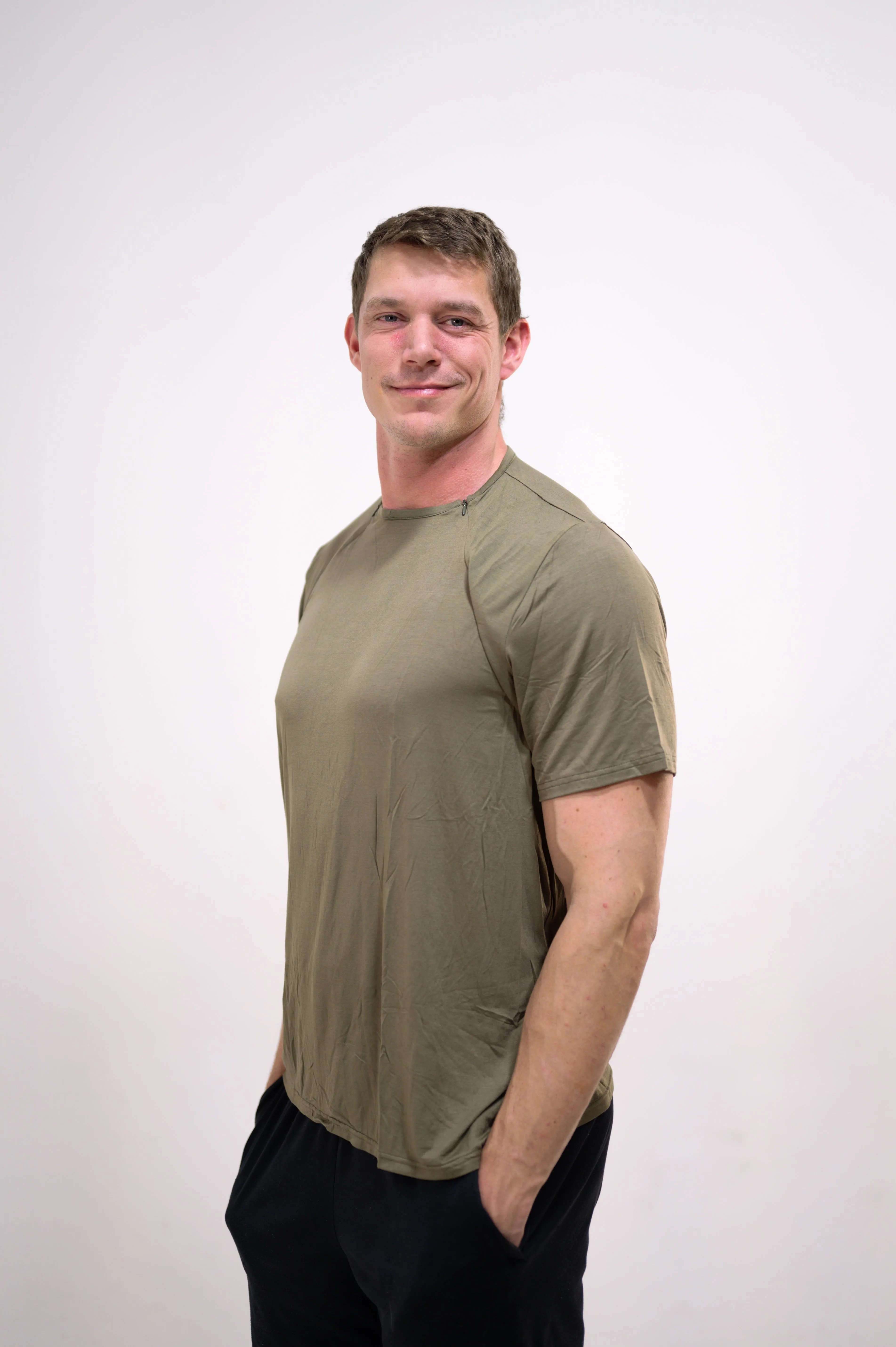 The Cameron Unisex Nursing and Skin to Skin Shirt in Sage sold by Lila Maternity