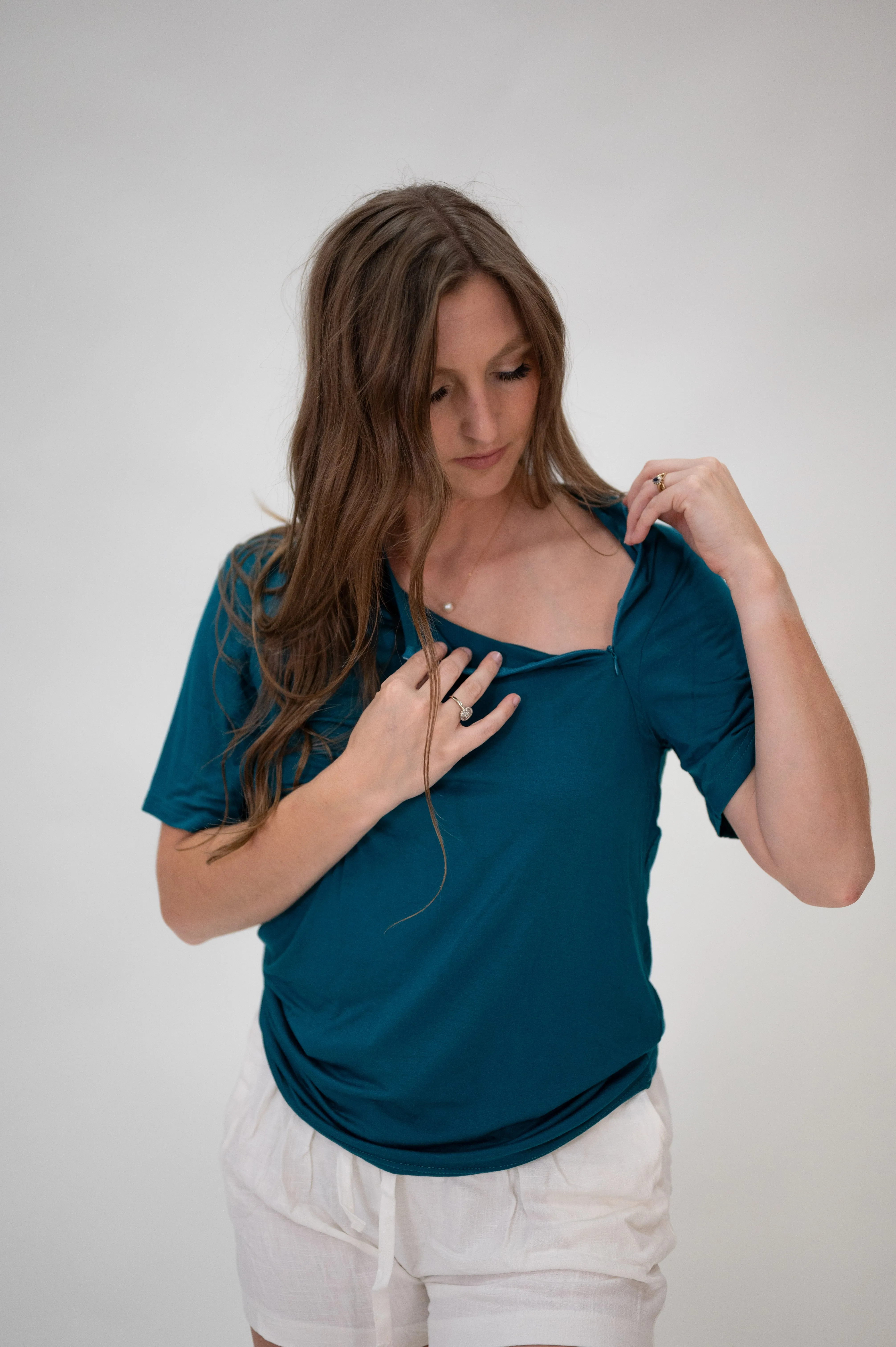 The Cameron Unisex Nursing and Skin to Skin Shirt in Deep Teal sold by Lila Maternity product image thumbnail 2