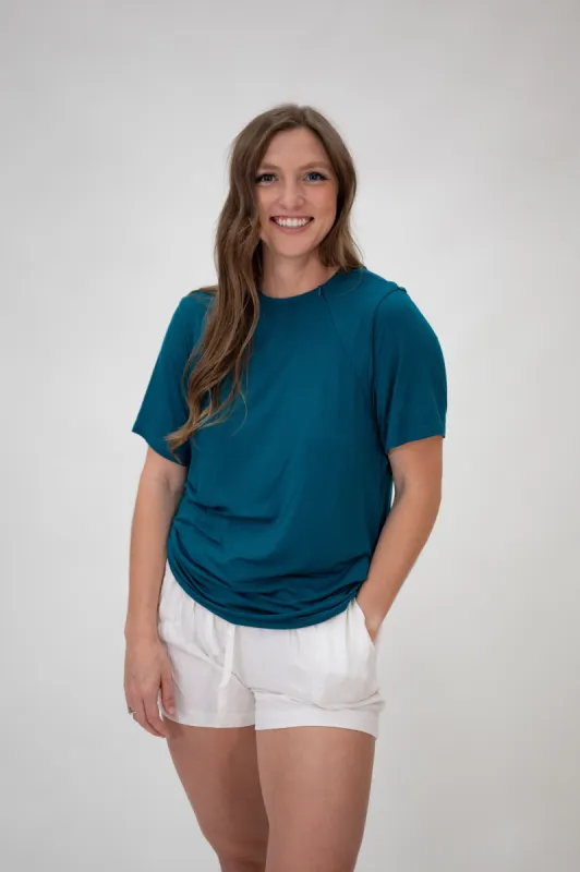The Cameron Unisex Nursing and Skin to Skin Shirt in Deep Teal sold by Lila Maternity