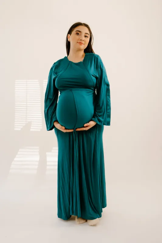 Nadia Labor & Postpartum Gown in Deep Teal sold by Lila Maternity