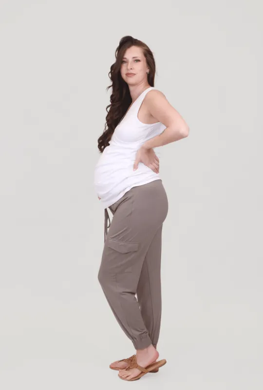 Addison Maternity Cargo Maternity Pants in Taupe sold by Lila Maternity