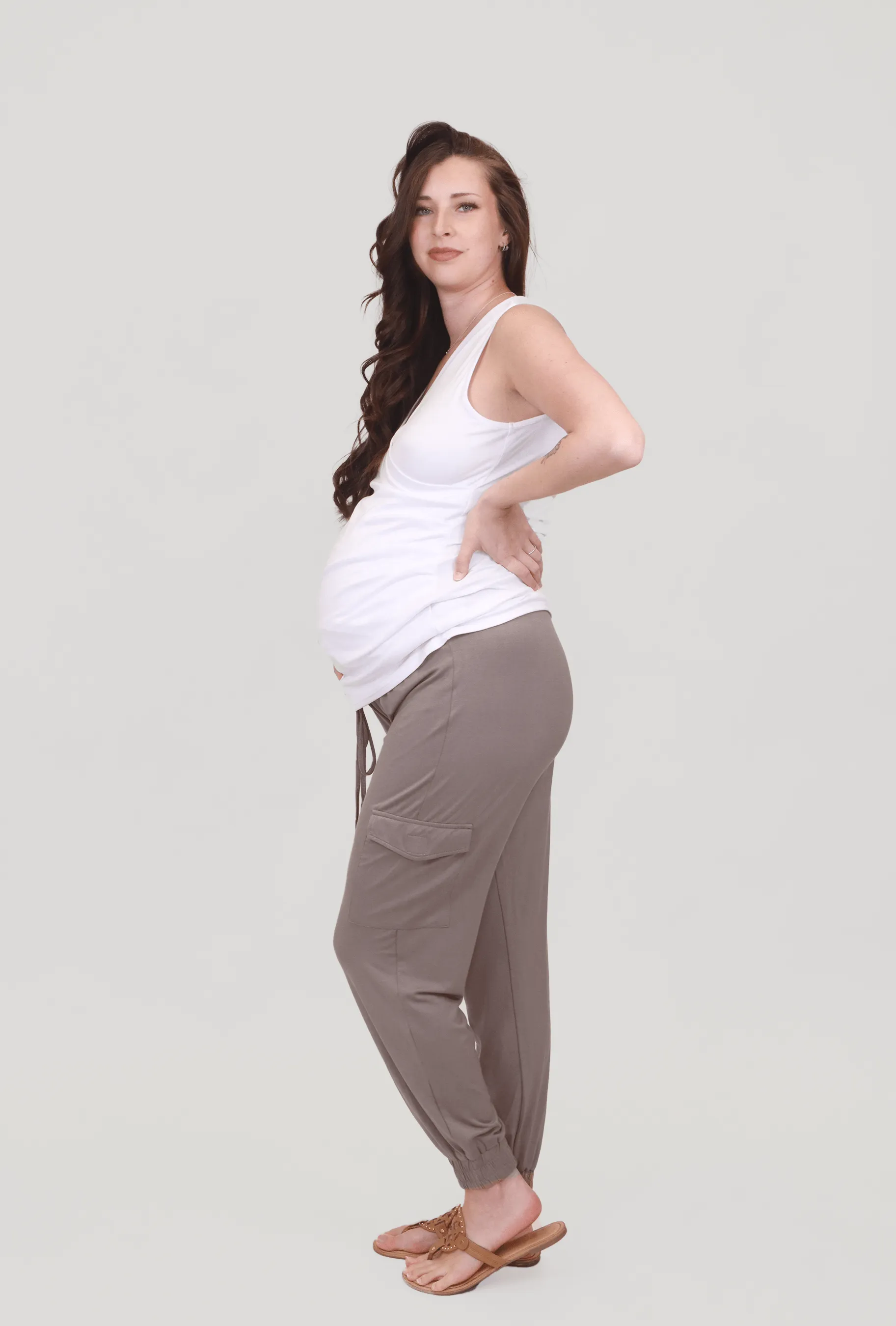 Addison Maternity Cargo Maternity Pants in Taupe sold by Lila Maternity