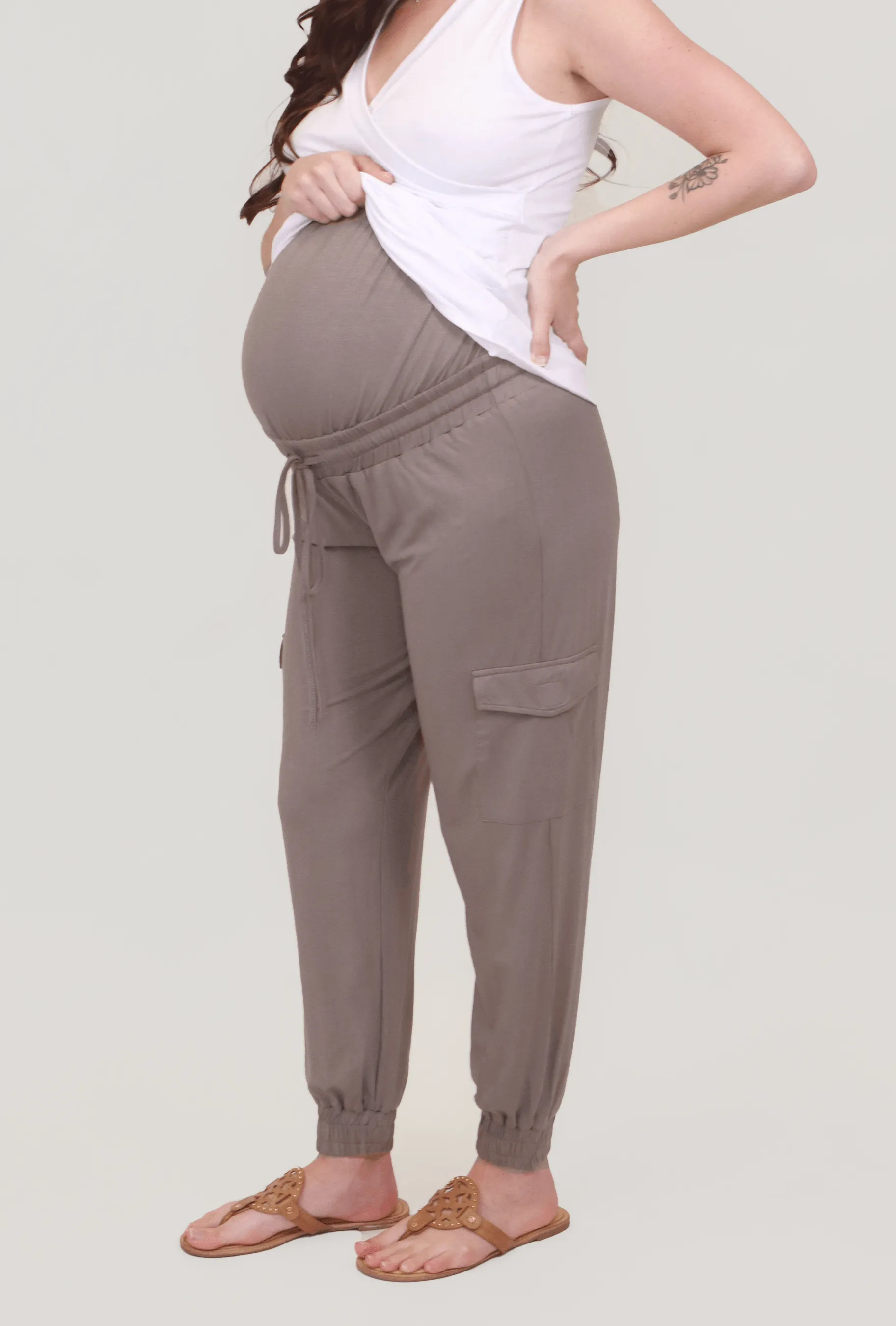 Addison Maternity Cargo Maternity Pants in Taupe sold by Lila Maternity product image thumbnail 2