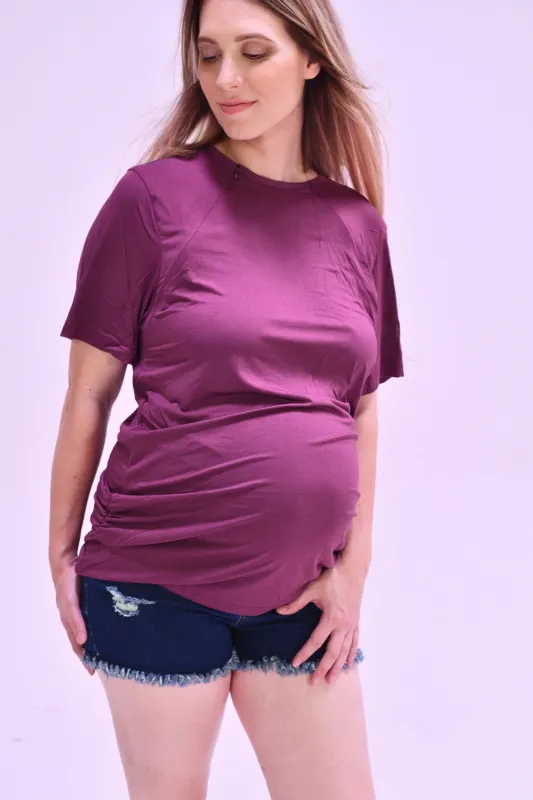 The Cameron Unisex Nursing and Skin to Skin Shirt in Plum sold by Lila Maternity