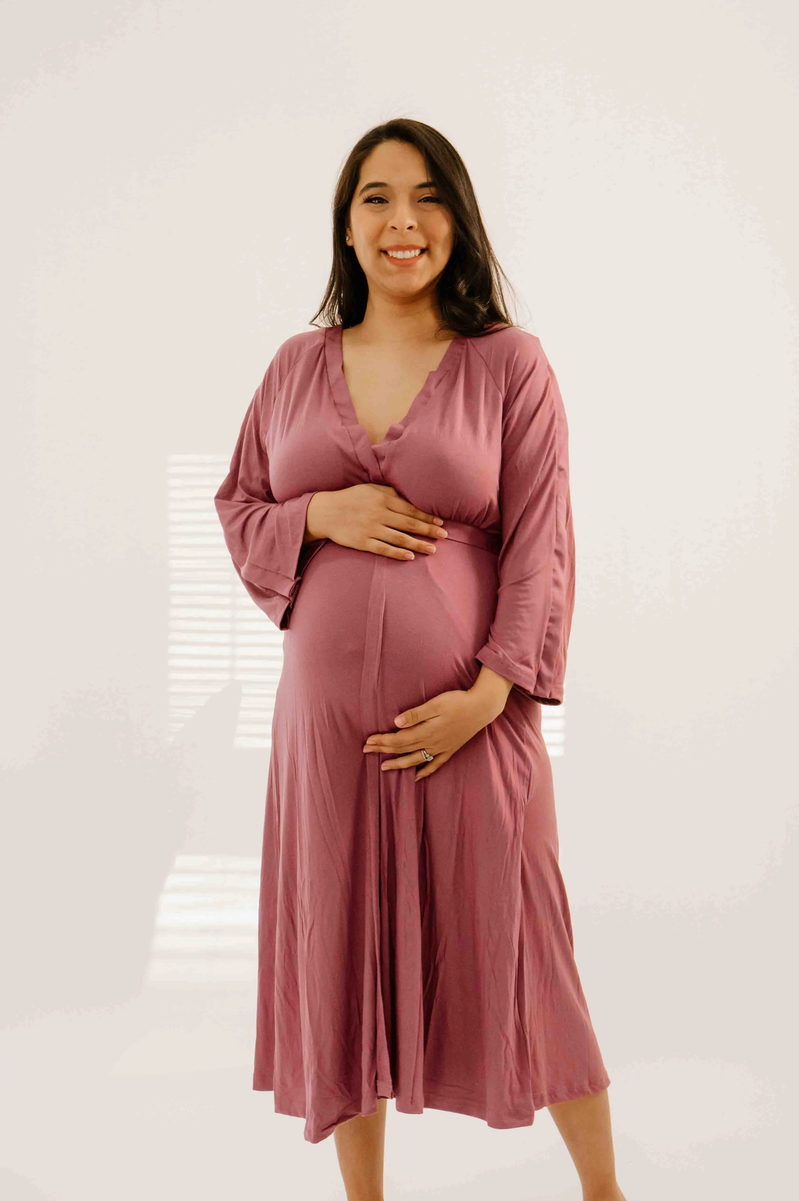 Amelia Labor & Postpartum Gown in Dusty Rose sold by Lila Maternity