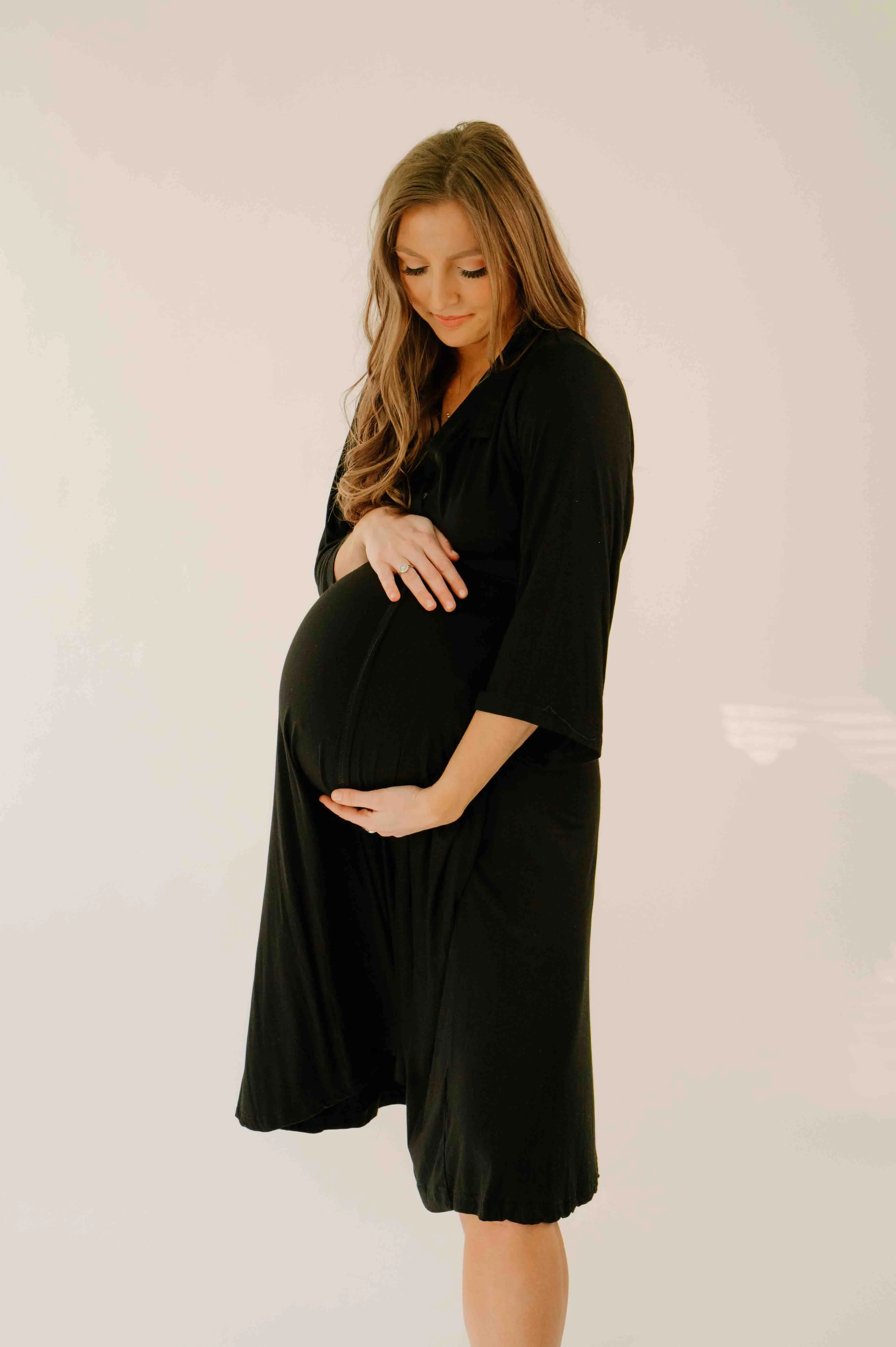 Lila Labor & Postpartum Gown in Black sold by Lila Maternity