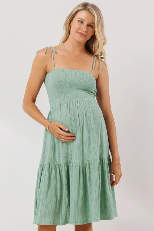 Smocked Tie Strap Maternity Ruffle Dress sold by Lila Maternity