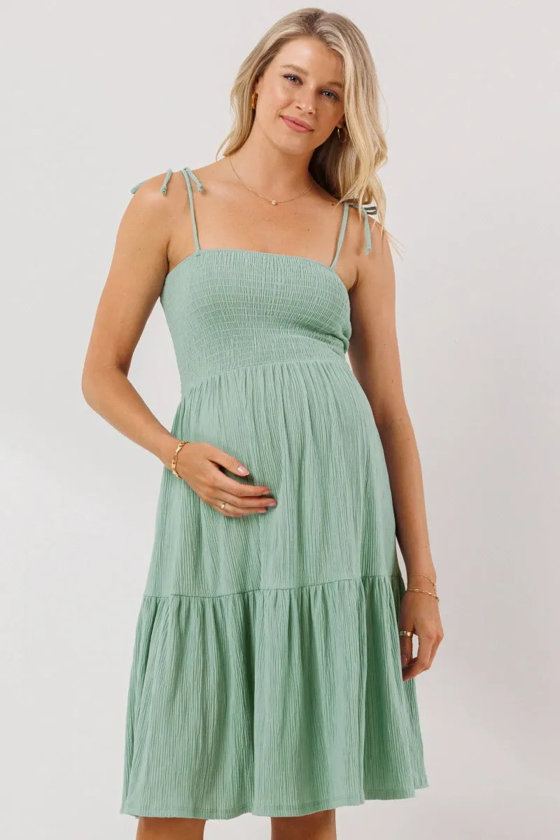 Smocked Tie Strap Maternity Ruffle Dress sold by Lila Maternity