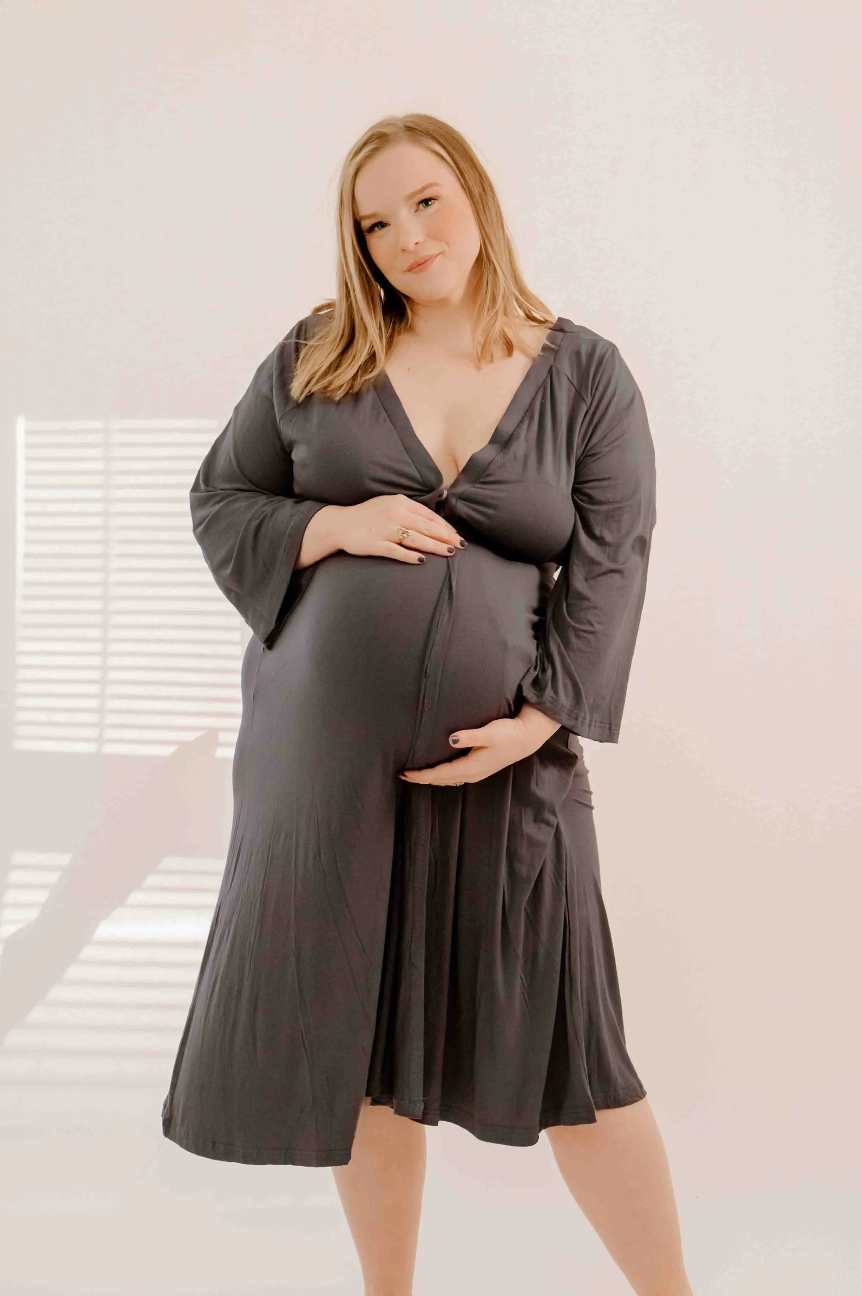 Amelia Labor & Postpartum Gown in Charcoal Grey sold by Lila Maternity