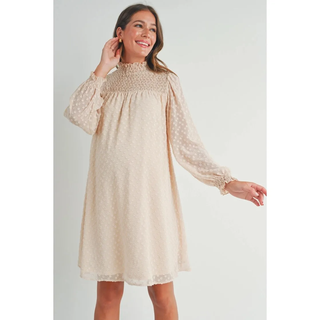 Textured Dot Chiffon Mock Neck Maternity Dress sold by Lila Maternity product image thumbnail 2