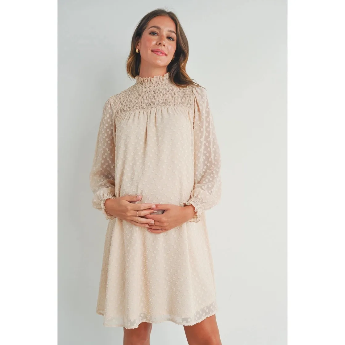 Textured Dot Chiffon Mock Neck Maternity Dress sold by Lila Maternity