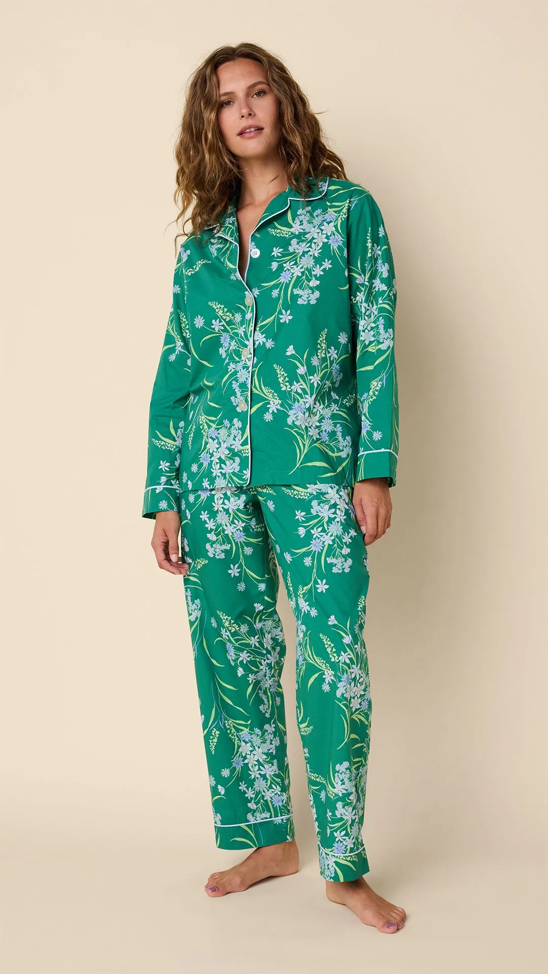 Green Floral Luxe Pima Long-Sleeved Pajama sold by the cat's pajamas