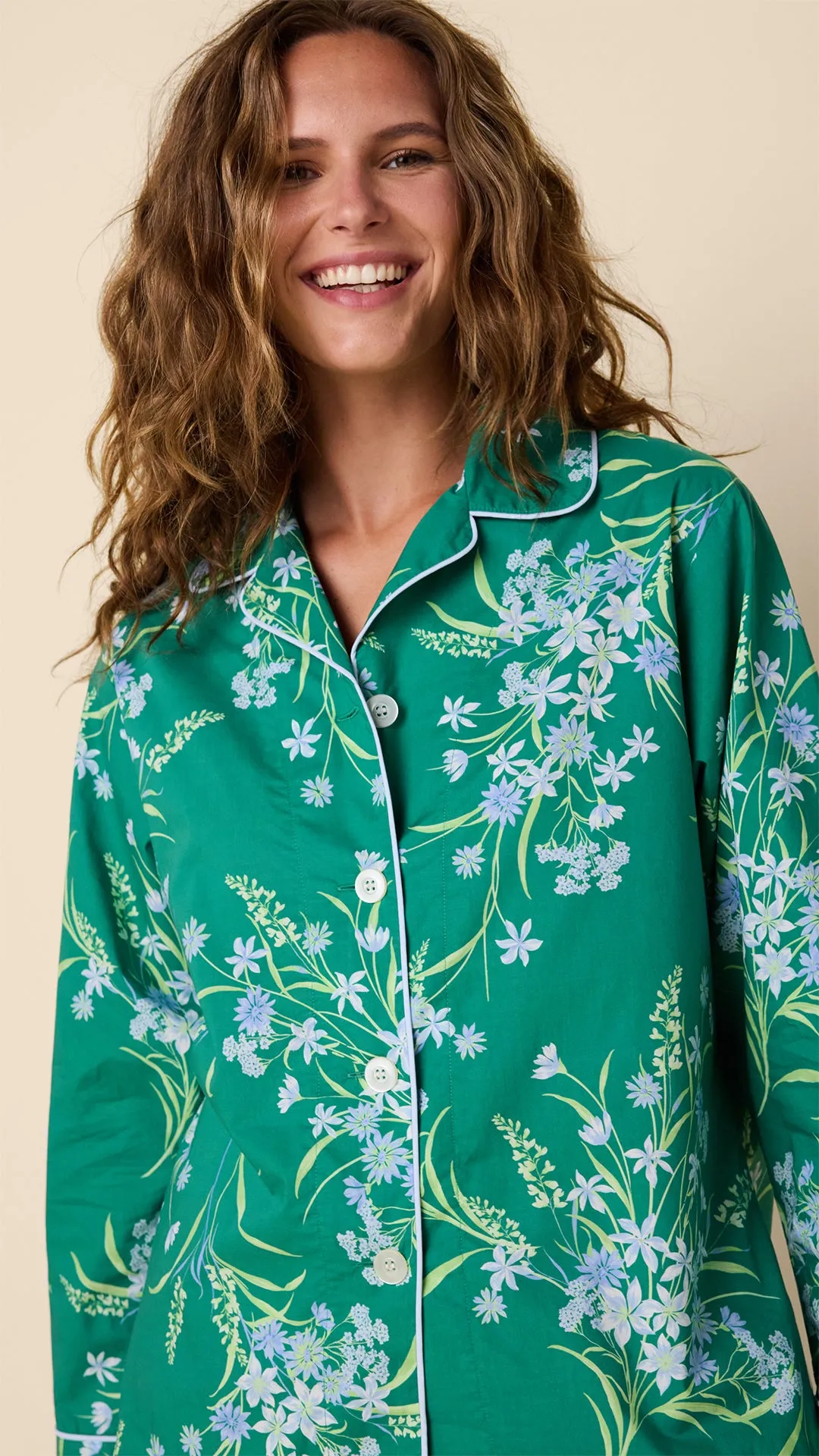 Green Floral Luxe Pima Long-Sleeved Pajama sold by the cat's pajamas product image thumbnail 2