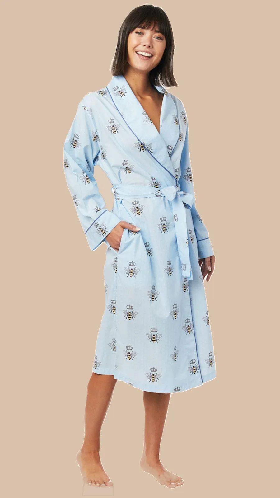 Queen Bee Shawl Collar Flannel Robe - Blue sold by the cat's pajamas