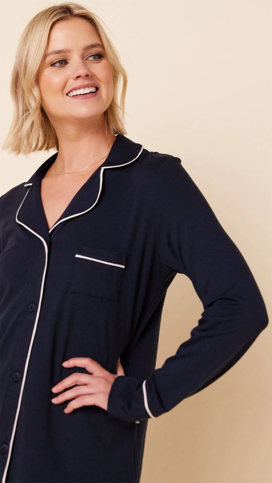 Classic Pima Knit Long-Sleeved Short Set - Midnight sold by the cat's pajamas product image thumbnail 4