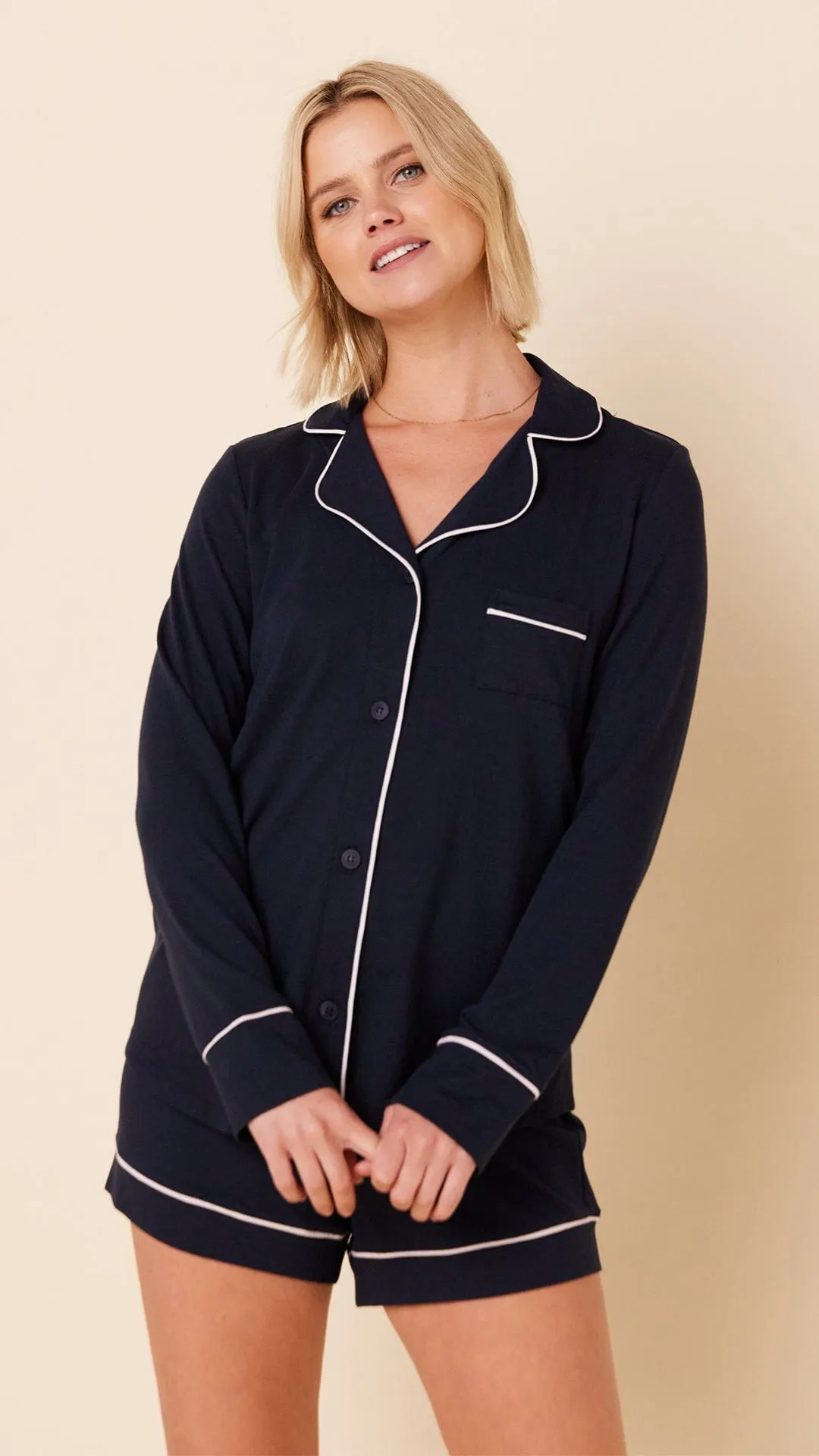 Classic Pima Knit Long-Sleeved Short Set - Midnight sold by the cat's pajamas