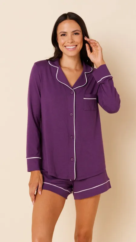 Classic Pima Knit Long-Sleeved Short Set - Aubergine sold by the cat's pajamas